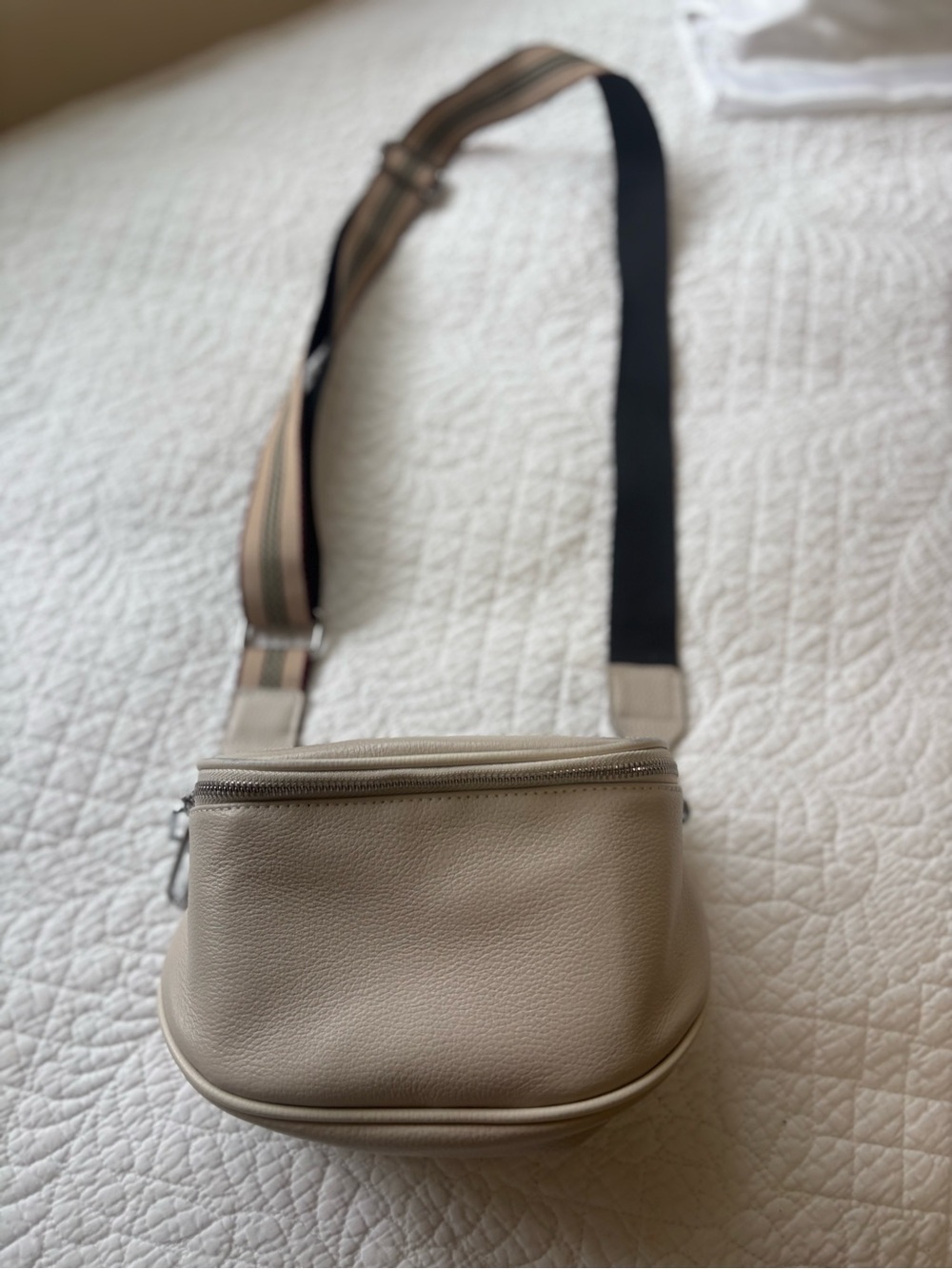 Beige Pebbled Crossbody Bag with Striped Adjustable Strap